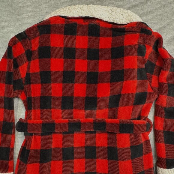 Red Black Buffalo Plaid Sherpa Fleece Robe Womens L Tie Waist Pockets Just Love - Picture 8 of 16